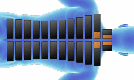 Eine digitale Illustration eines menschlichen Körpers in Blau mit zwei Reihen schwarzer Rechtecke und vier orangefarbenen Rechtecken, die entlang der Wirbelsäule angeordnet sind und ein Wirbelsäulenimplantat oder -stimulationsgerät darstellen. Bild im 123fit Rahlstedt
