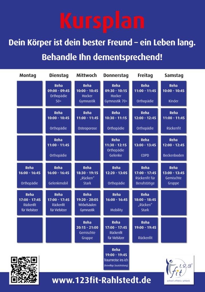 Kursplan 123fit Rahlstedt – Übersicht aller Reha- und Gesundheitskurse von Montag bis Samstag mit Rückenfit, Orthopädie, Osteoporose, COPD, Beckenboden, Hockergymnastik, Mobility und Wirbelsäulengymnastik inklusive Uhrzeiten.