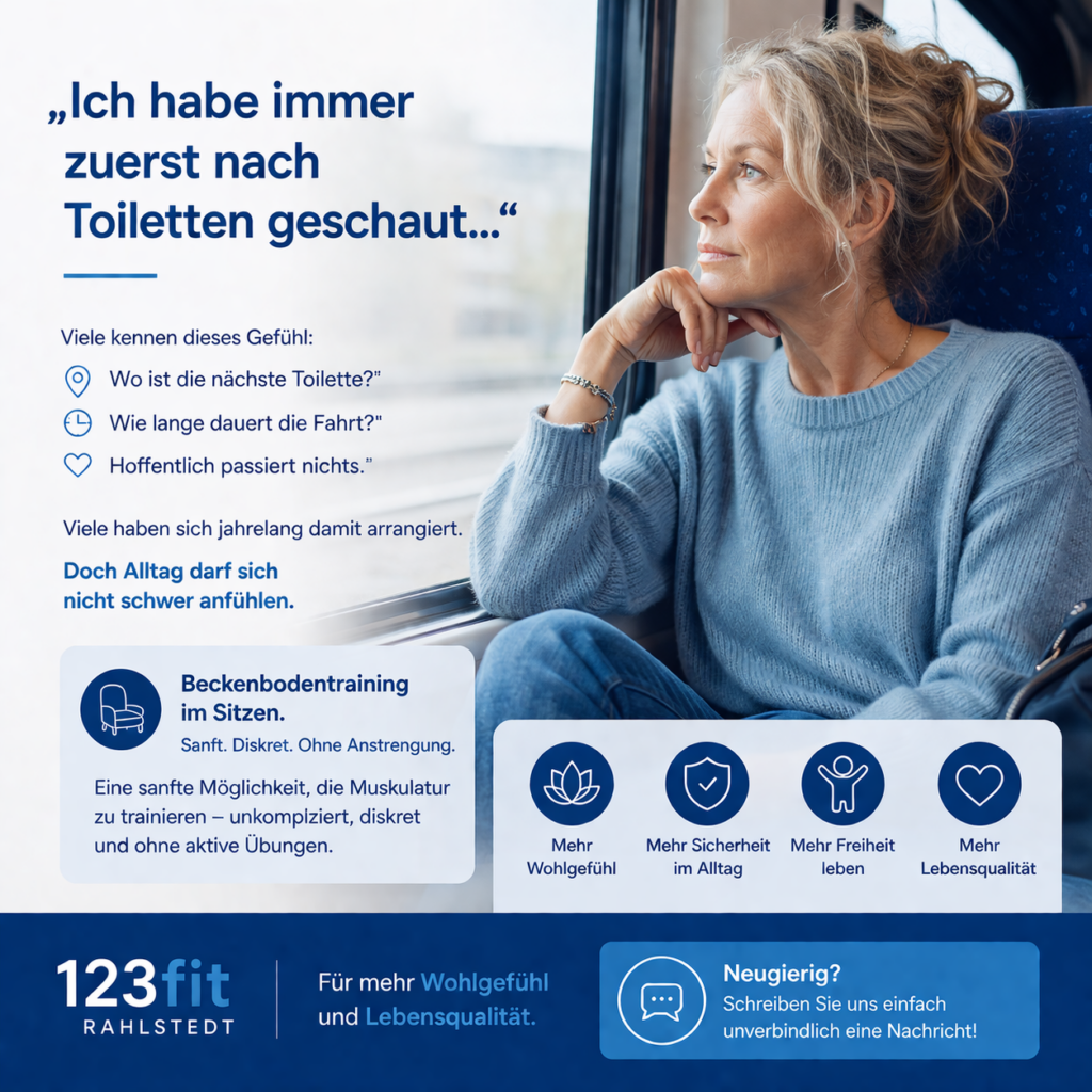 Frau sitzt nachdenklich in einem Zug am Fenster und blickt nach draußen. Der Beitrag thematisiert Beckenbodentraining im Sitzen und das Gefühl, im Alltag ständig nach Toiletten suchen zu müssen. Modernes Gesundheitsdesign in Blau- und Weißtönen von 123fit Rahlstedt.
