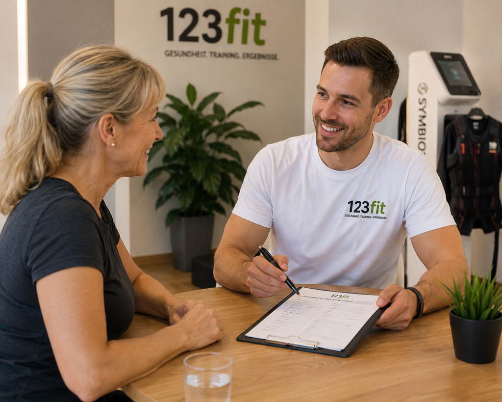 Trainer von 123fit führt ein Anamnesegespräch mit einer Best-Ager-Kundin vor dem ersten WellPass- oder HanseFit-Training